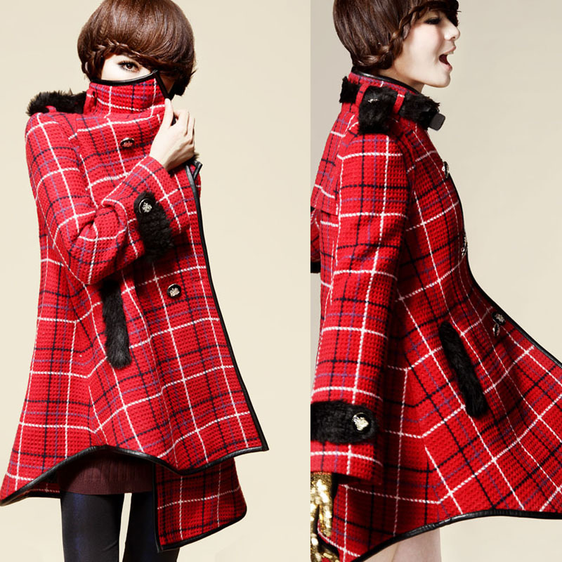 Woolen cloak trench outerwear 2012 british style plaid fur collar woolen outerwear loose plus size mm