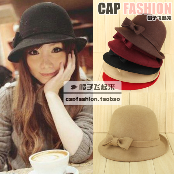 Woolen fedoras cap bow roll-up hem bucket hats bucket hat women's autumn and winter