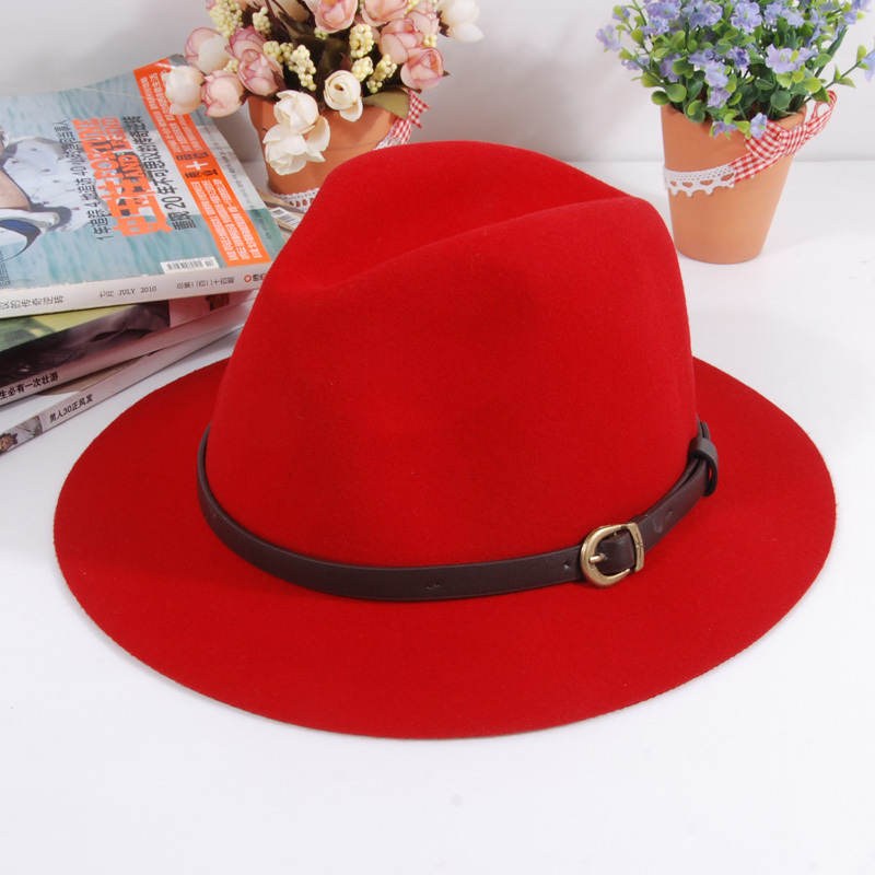 Woolen vintage fashion strap metal buckle medium-large flat brim fedoras female cowboy hat