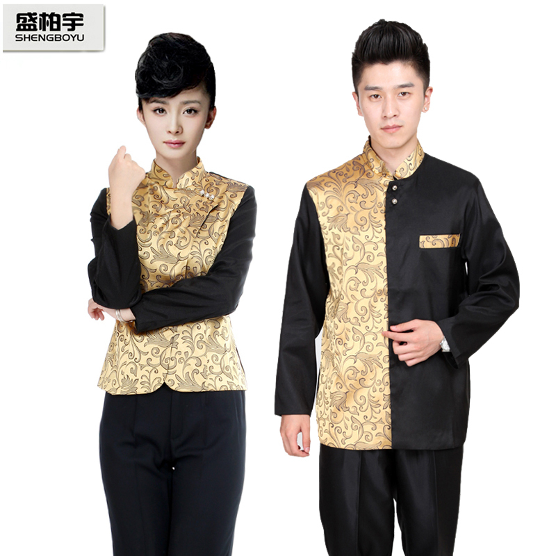 Work wear autumn and winter female restaurant uniforms service staff clothes long-sleeve belt lining