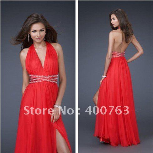 Woulderful A-line Front Slit Chiffon Beaded Waistband Bright Red Backless Evening Dresses
