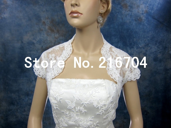 WR027 Unique Design White Short Sleeves Lace Button Low Back Wedding Bridal Jacket