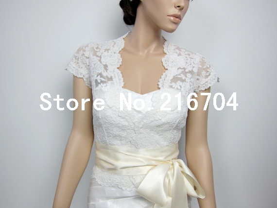 WR030 Top Quality White Short Sleeves Lace Sash Long Bridal Weddinng Jacket