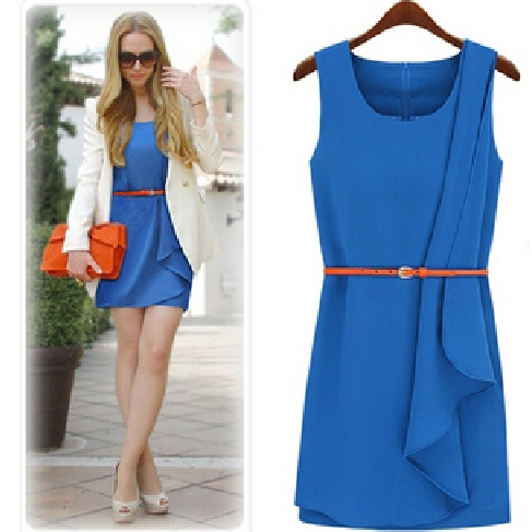 [WSWG]Fashion Runway Ladies' Ruffles Elegant Gorgeous Dress Novelty Vintage Knee-Length Vintage Cascul With Free Belt,DS950