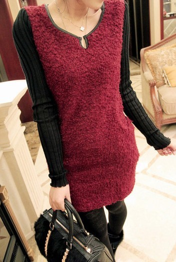 X . fk2012 winter women's bars threaded patchwork berber fleece leather small v-neck dress