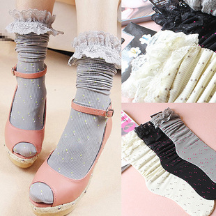 X0241 vivi vintage knee-high socks dot lace decoration vintage knee-high socks pile of pile of socks