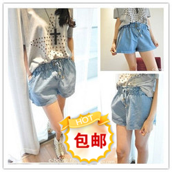 X1 women's all-match vintage elastic waist loose large high waist denim shorts female