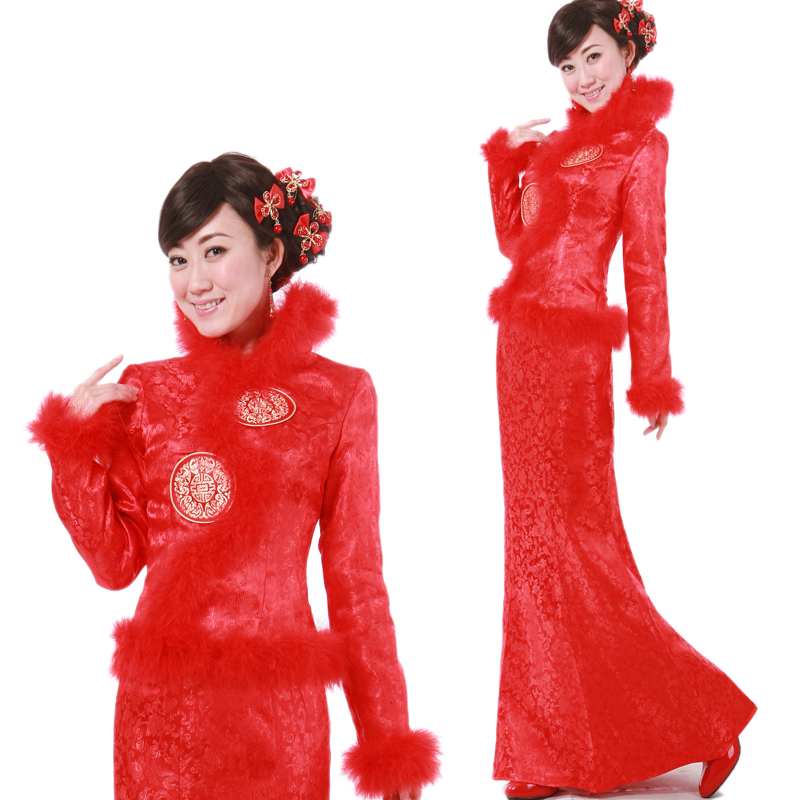 Xbacks round slim fish tail bridal wear winter married cheongsam evening dress long design plus cotton bride dress