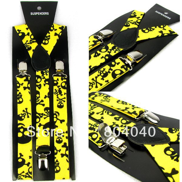 XD80B Novelty Women's Skinny Suspenders Men's Slim Braces Adult Unisex Elasticity Adjustable Metal Clip-on Yellow Skeleton