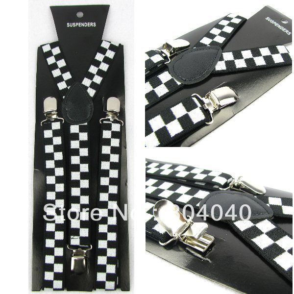 XD851 Novelty Women's Skinny Suspenders Men's Slim Braces Adult Unisex Elasticity Adjustable Metal Clip-on Black White Check