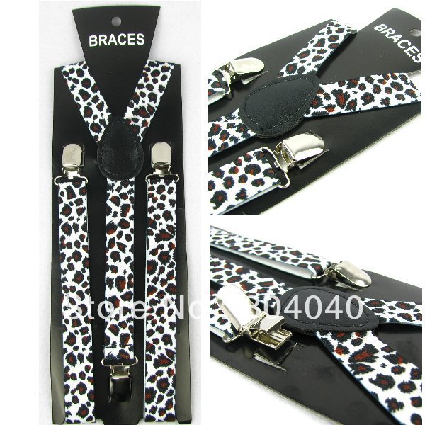 XD853 Novelty Women's Skinny Suspenders Men's Slim Braces Adult Unisex Elasticity Adjustable Metal Clip-on White Brown Leopard