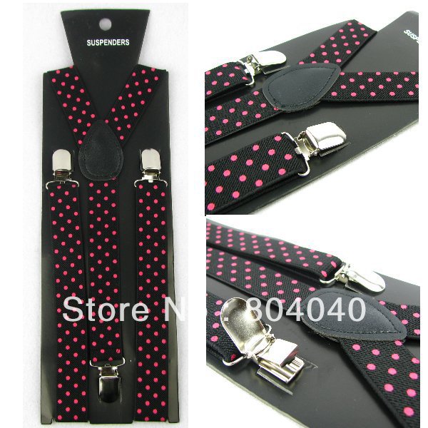 XD862 Novelty Women's Skinny Suspenders Men's Slim Braces Adult Unisex Elasticity Adjustable Metal Clip-on Black Pink Dots