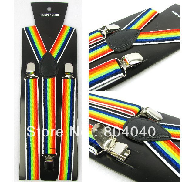 XD866 Novelty Women's Skinny Suspenders Men's Slim Braces Adult Unisex Elasticity Adjustable Clip-on Colorful Rainbow Stripes