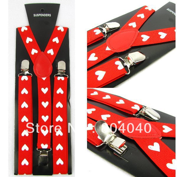 XD867 Novelty Women's Skinny Suspenders Men's Slim Braces Adult Unisex Elasticity Adjustable Clip-on Colorful Red White Heart