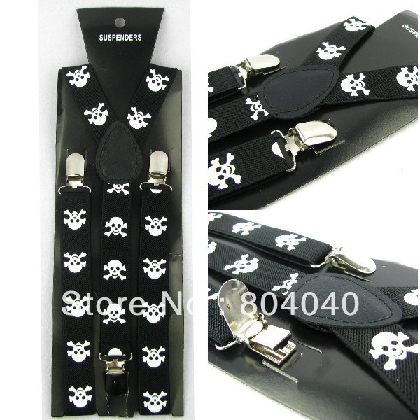 XD868 Novelty Women's Skinny Suspenders Men's Slim Braces Unisex Elasticity Adjustable Clip-on Colorful Black White CrossBones