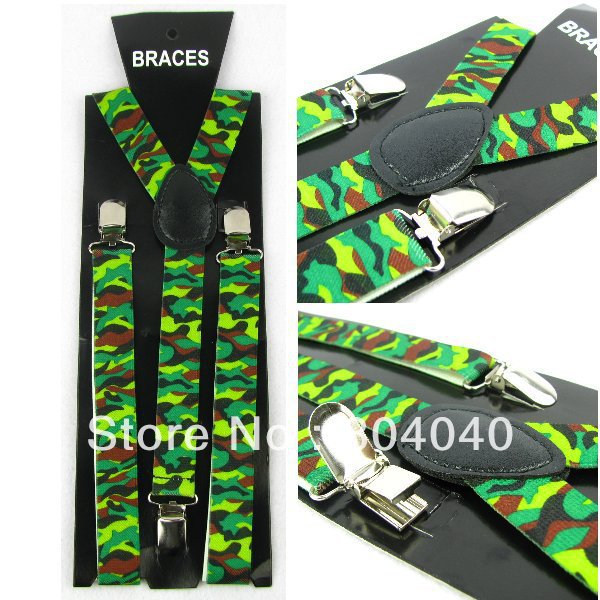 XD880 Novelty Women's Skinny Suspenders Men's Slim Braces Adult Unisex Elasticity Adjustable Metal Clip-on Green camouflage
