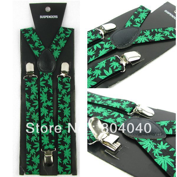 XD892 Novelty Women's Skinny Suspenders Men's Slim Braces Adult Unisex Elasticity Adjustable Metal Clip-on Black Green Leaves