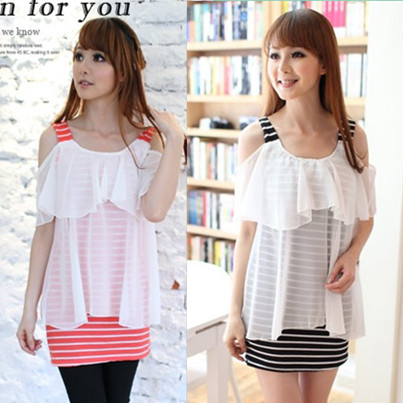 xiao) 2013 spring stripe patchwork wave chiffon elegant piece set basic chiffon shirt top