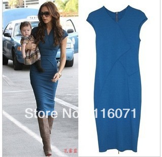 XL L M S  Free shipping 2012 plus size  victoria V Neck Dresses Women's CONTRASTCOLOR zipper cerebrity dress blue  HL