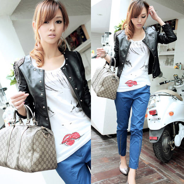 Xp outerwear 2012 autumn women's Women slim motorcycle rivet PU clothing female
