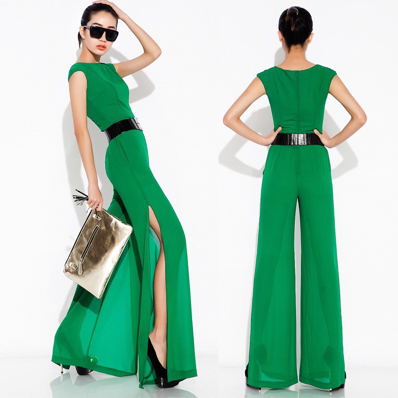 XXL  2013 spring summer womens chiffon jumpsuit placketing wide leg pants female  trousers ladies casual sleeveless jumpsuit