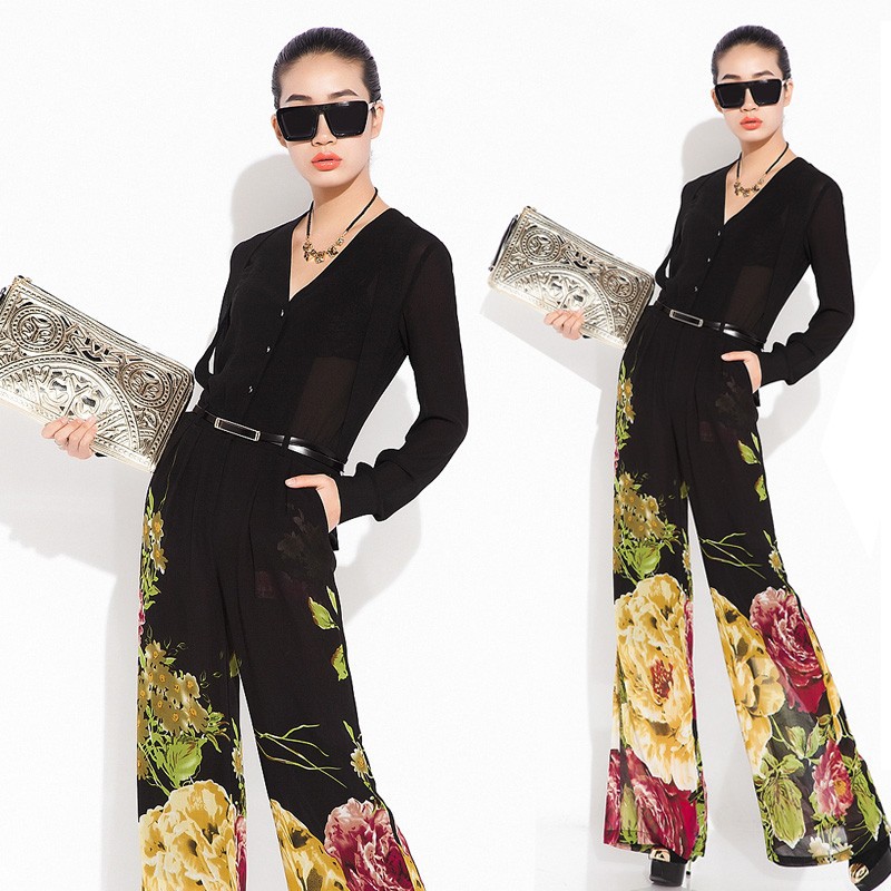 xxl free shipping 2013 spring fashion womens chiffon floral V-neck jumpsuit  long sleeve wide leg pants culottes for women
