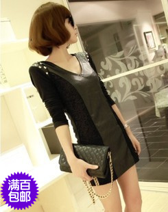 Y mushroom fashion autumn and winter slim punk lace patchwork rivet leather long-sleeve autumn and winter one-piece dress