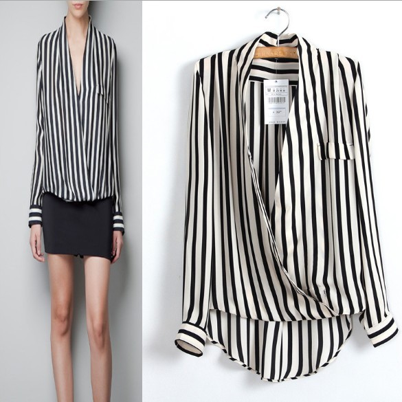 Yager,free shipping,2013 cross deep V-neck the sexy vertical striped long-sleeved women Blouses shirts