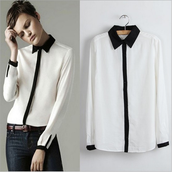 Yager,free shipping,Black and white spell color models shirt lapel the workplace models female long-sleeved shirt ,TGS005