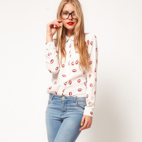 Yager,free shipping,FASHION RED LIPS PATTERN ROUND LAPEL LONG SLEEVE SHIRT WITH SINGLE POCKET.YGS001