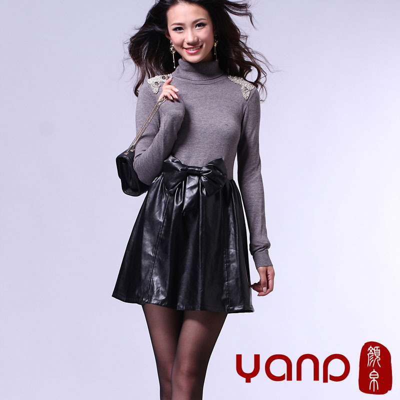 Yanp spring and autumn women's bow knitted patchwork basic leather skirt one-piece dress