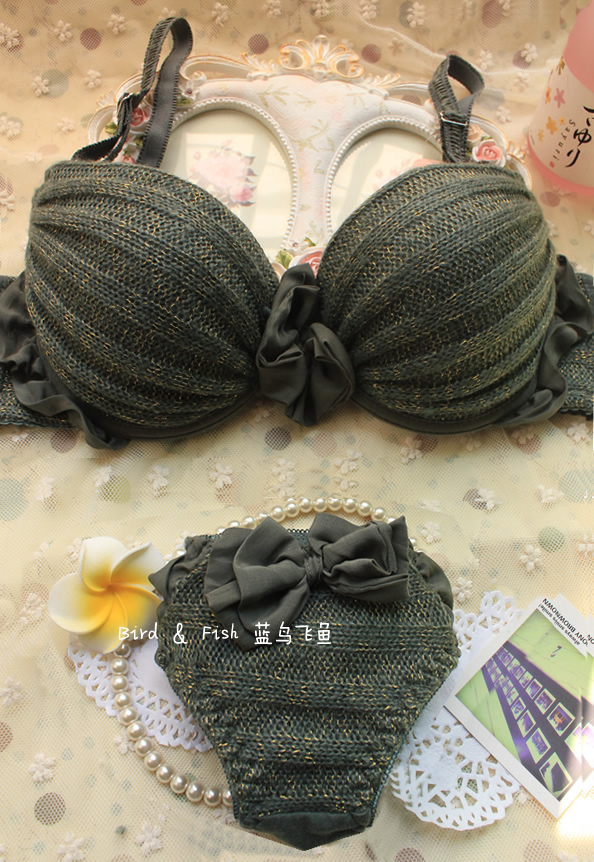 Yarn autumn and winter push up shaggier single-bra vintage yarn knitted underwear set adjustable bra 3 breasted