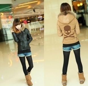 Yarn patchwork big skull hooded winter outerwear female cotton-padded jacket female long design slim casual wadded jacket