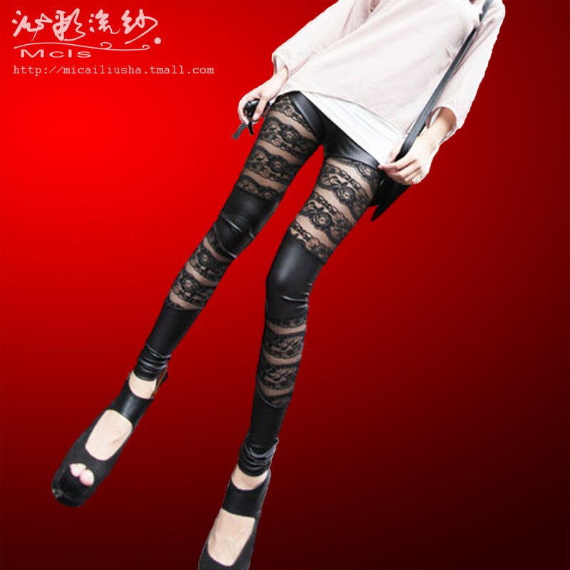Yarn spring women's patchwork leather lace legging trousers pencil pants boot cut jeans trousers