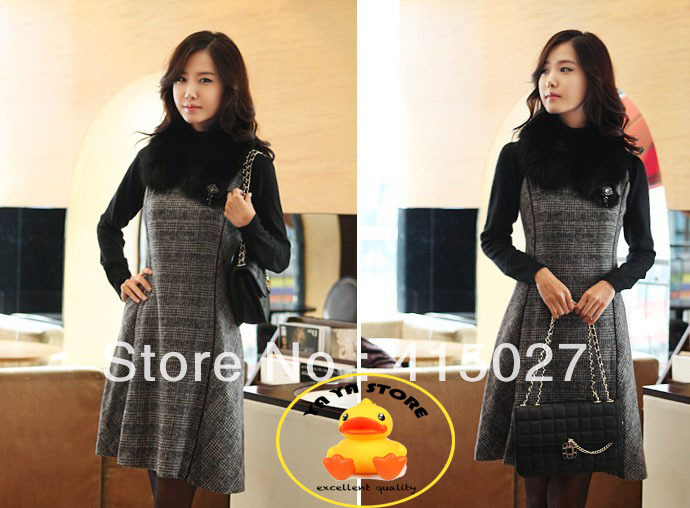 --YAYA'S STORE-- new arrival women's  plaid V-neck  sleeveless slim Knee-Length  woolen dress
