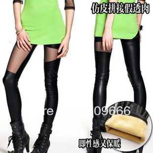 YBB B195 fashion autumn and winter female fashion personality thickening meat patchwork faux leather pants legging ankle length