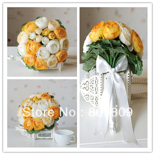 Yellow and white  Camellia roses fake /  artificial bouquet for wedding with gift  free shipping