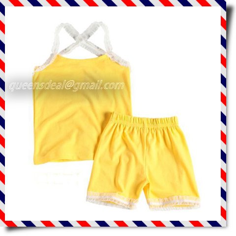 Yellow Children Girl Summer Clothing Cute Lovely  Soft  Lace Sling Vest Underwear Suit  Pajamas Wholesale