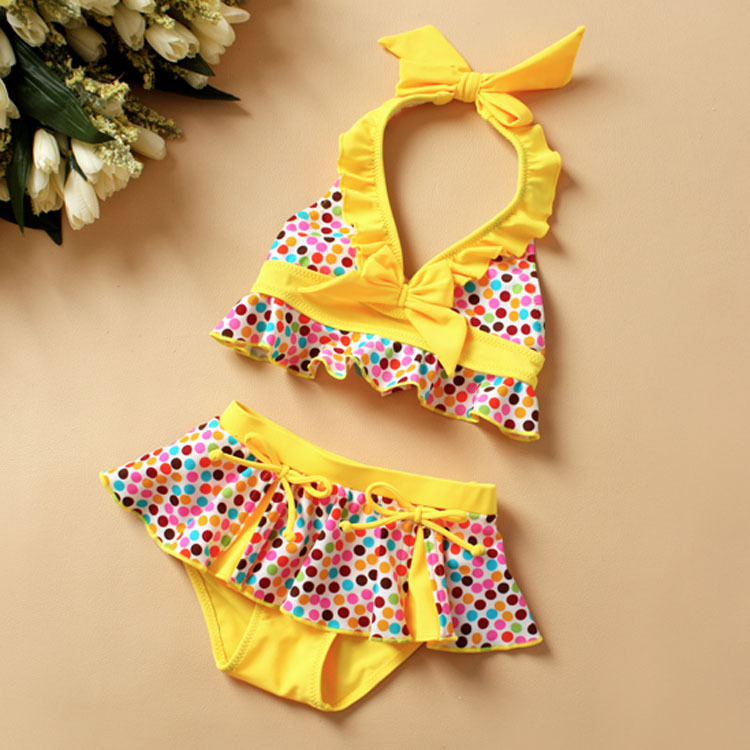 Yellow colorful child swimwear female child skirt style swimwear baby hot spring swimwear swimming cap