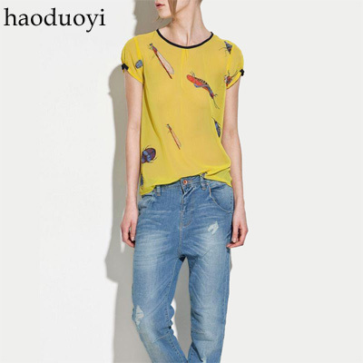 Yellow print perspectivity loose o-neck slim women's shirt top 6 full