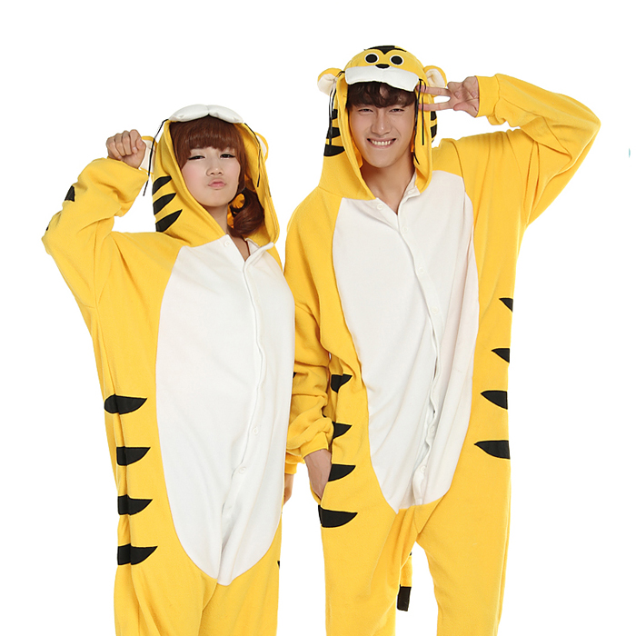 Yellow tiger coral fleece cartoon animal one piece sleepwear lounge