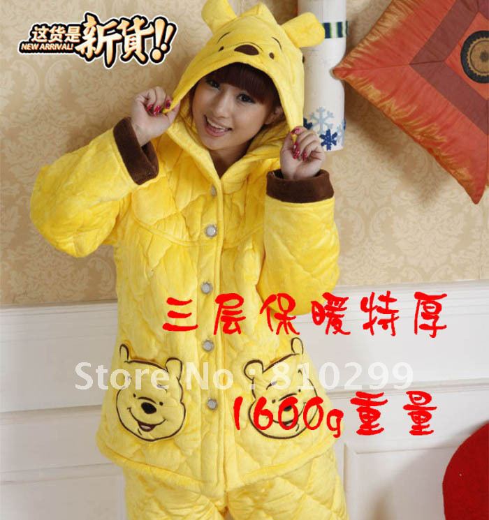 Yellow WINNIE thickening cotton-padded jacket sleepwear thick coral fleece cotton-padded female set hooded lounge