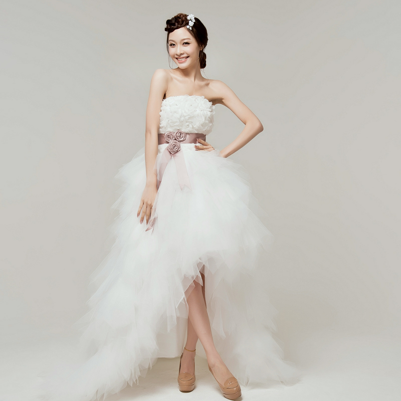 YHZWedding dress new 2012 Korean version of sweet Bra flower princess Slim temperament short in front long small tail