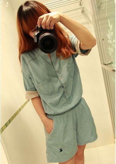 Yi yi 2012 women's fashion wind V-neck roll up hem all-match thin jumpsuit female