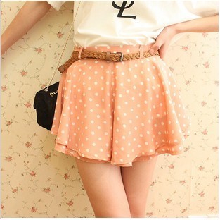 Yi yi 2012 women's vintage big polka dot elastic waist pleated chiffon short culottes belt
