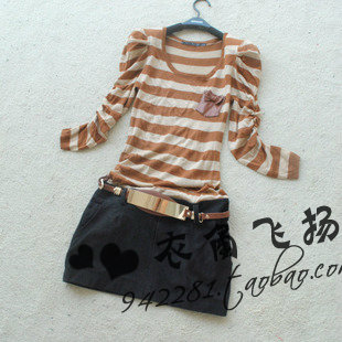 Yiyg 2013 spring stripe knitted genuine leather pocket puff sleeve one-piece dress female slim
