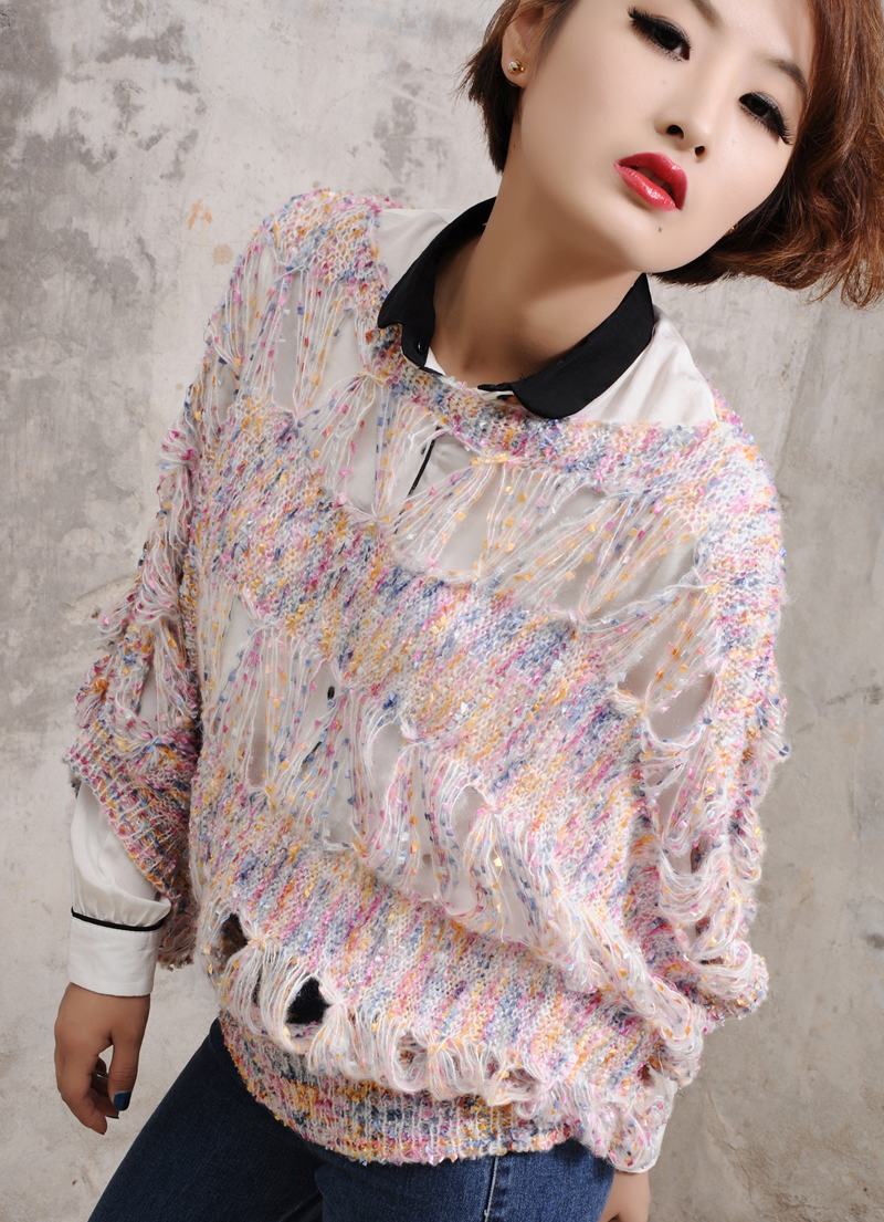 Yn fashion multicolour fashion color block cutout sweater knitted cloak half sleeve loose shirt outerwear female
