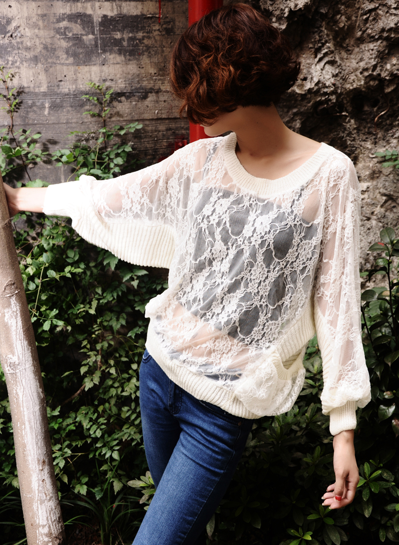 Yn fashion sexy loose batwing shirt batwing sleeve pullover sweater lace patchwork long-sleeve outerwear clairvoyant outfit
