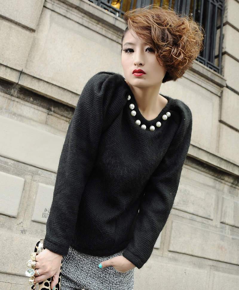 Yn vintage ladies collar pearl puff sleeve sweater slim basic top female 2012 autumn and winter