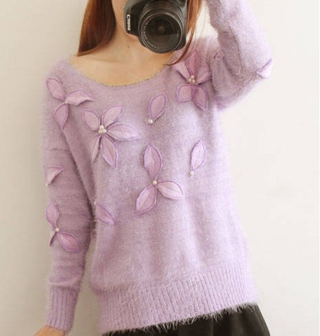 Yoho autumn and winter female small fresh sweet three-dimensional pearl flower mohair vintage pullover sweater